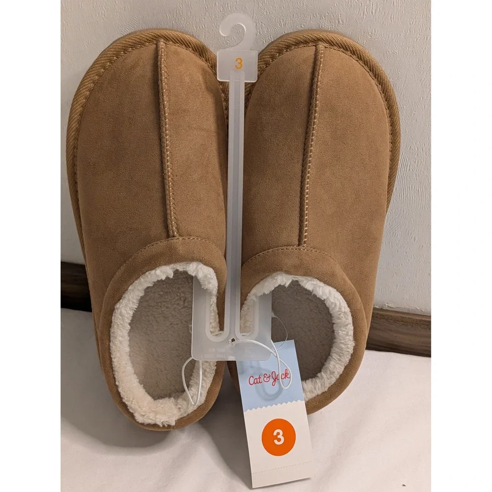 Cat & Jack Nola Kids Chestnut Brown Faux Fur Lined Scuff Slippers Size 3 NWT